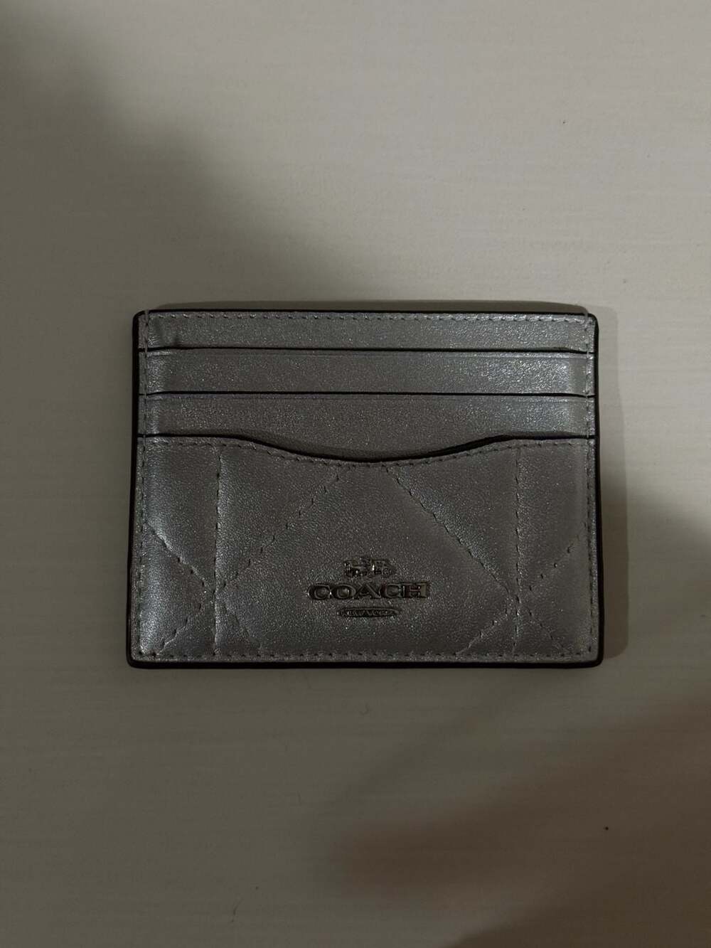 COACH Slim ID Card Case in Silver Metallic with Puffy Diamond Quilting